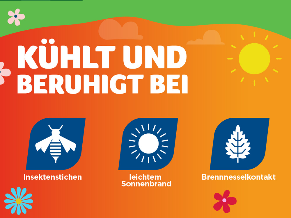 Werbung für Fenistil Kühl Roll-on. Illustrationen von Insektenstichen, Sonnenbrand und Brennnesselkontakt.